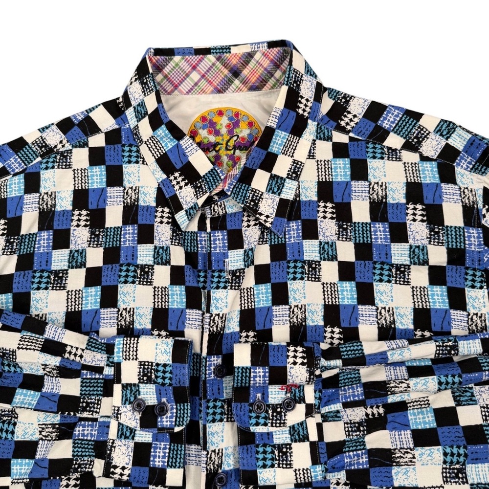 Robert Graham Lendor Button Down Shirt Mens XL Blue Checkered Embroidered